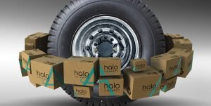 A tire with Halo Delivery boxes sitting around in a circle