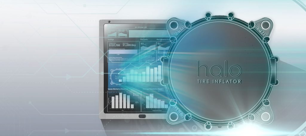 An image showing a digital display of information behind a Halo Tire Inflator logo