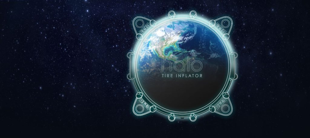A Halo Tire Inflator logo overlaid over the Earth